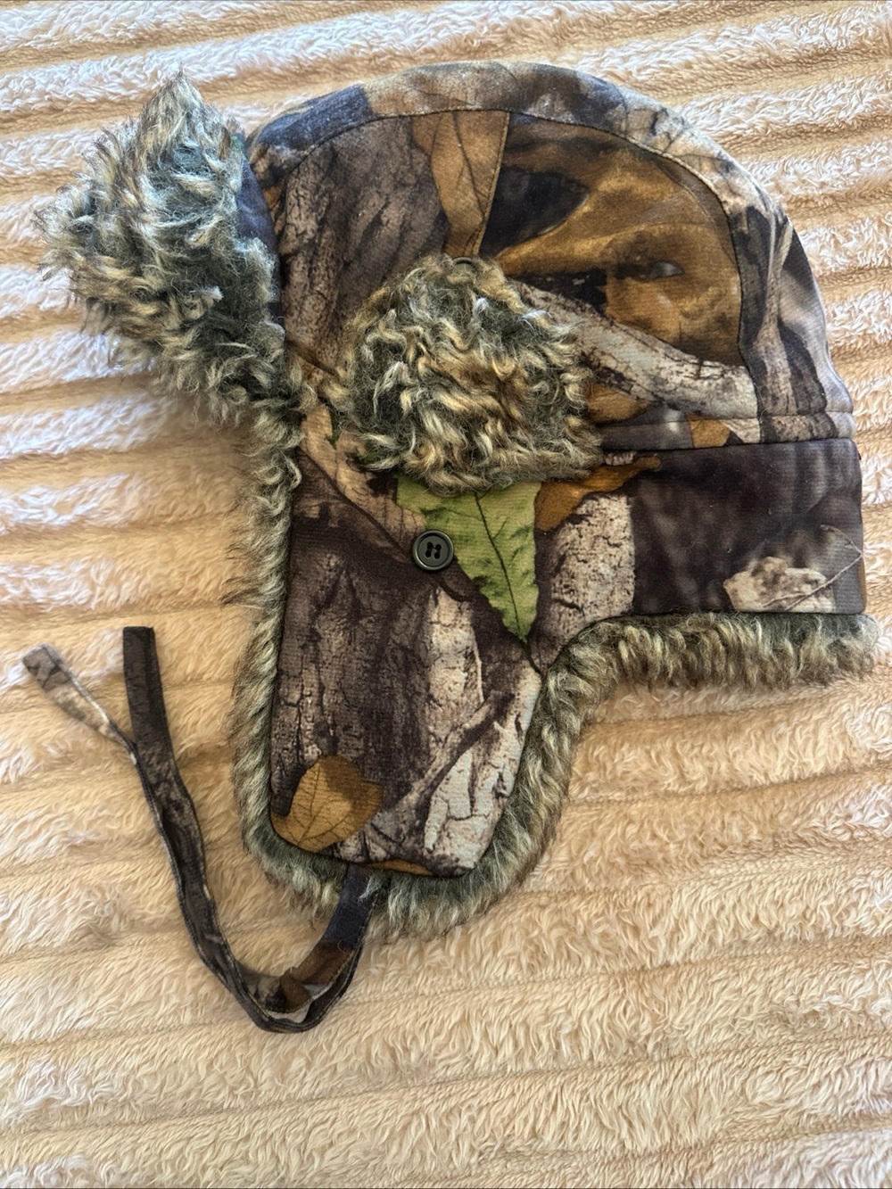 Kids Camo Trapper Hat with Faux Fur Lining - Olive Camo
